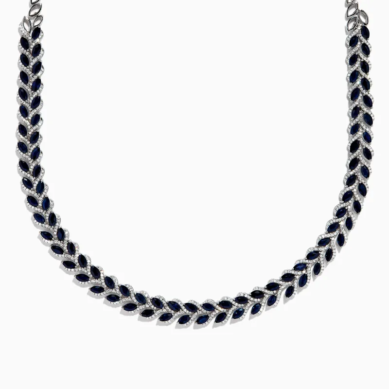14K White Gold Blue Sapphire and Diamond Leaf Motif Necklace made by Effy