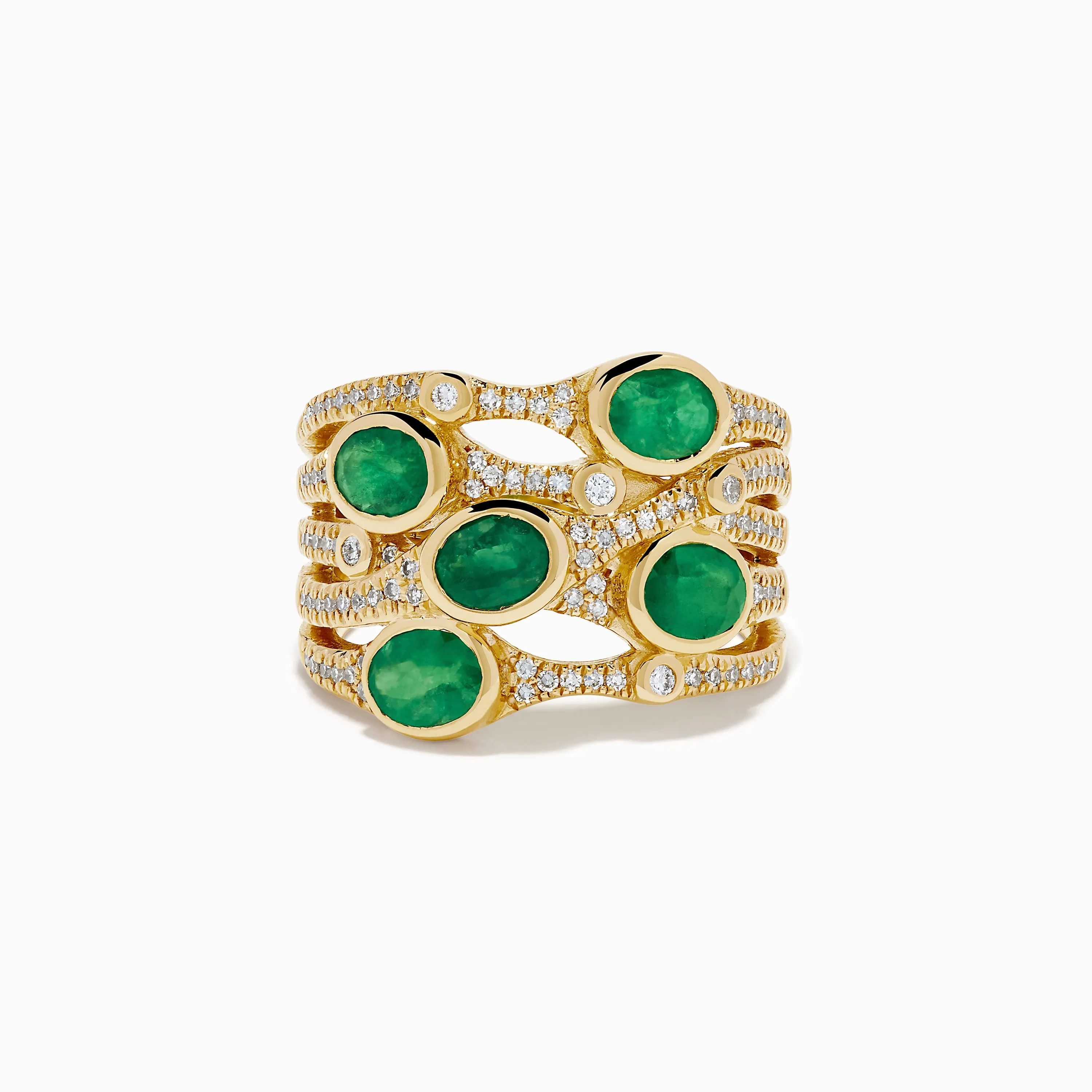 14K Yellow Gold Bezel Emerald and Diamond Multi Row Ring sold by Effy