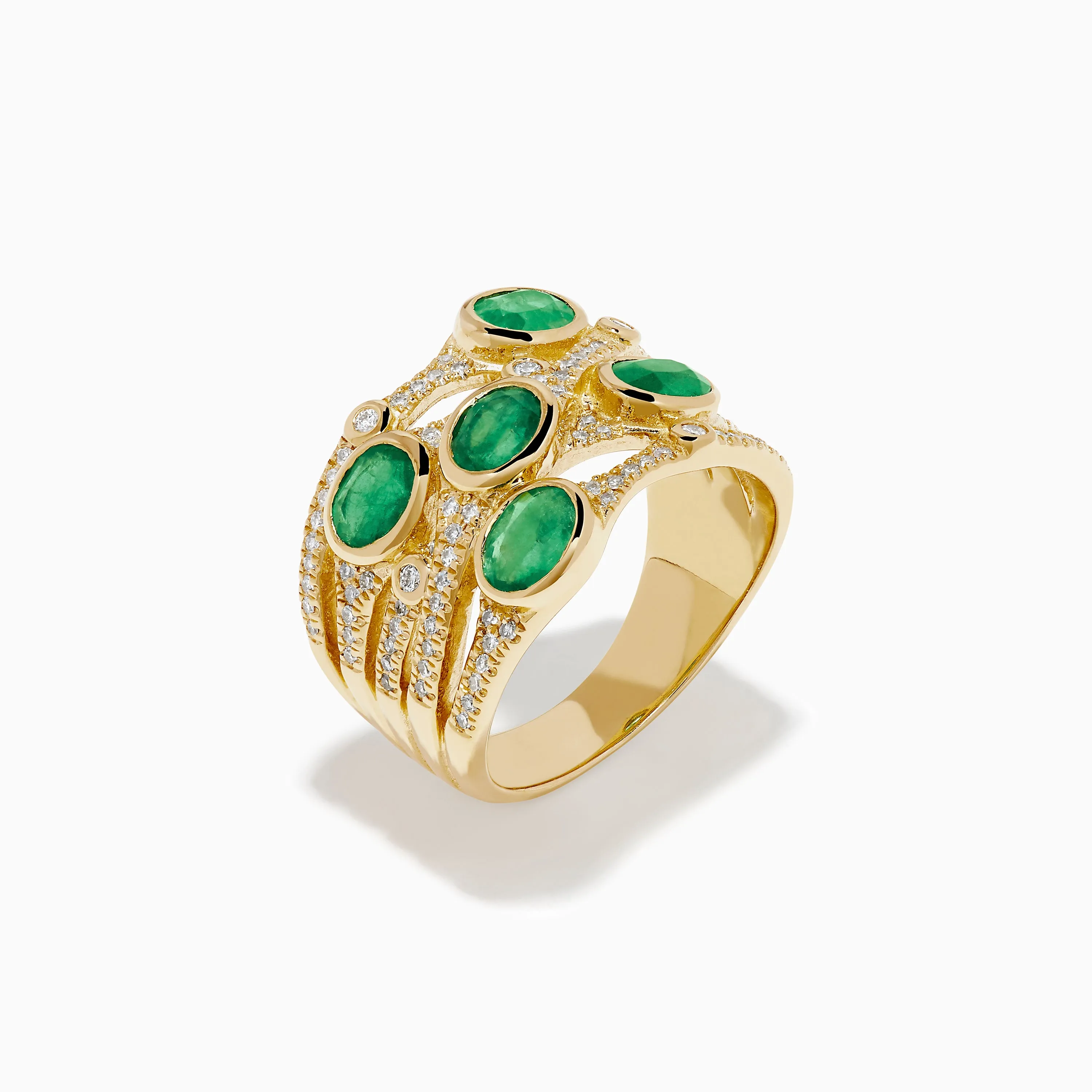 14K Yellow Gold Bezel Emerald and Diamond Multi Row Ring sold by Effy product image thumbnail 4