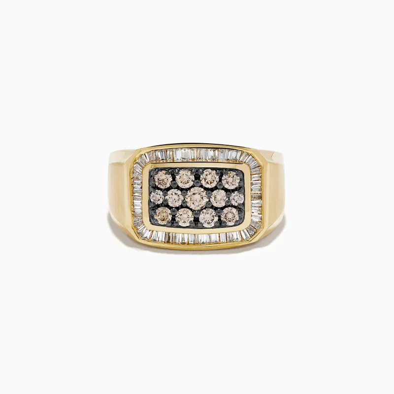 Men's 14K Yellow Gold Brown Diamond Signet Ring with White Diamond Halo made by Effy