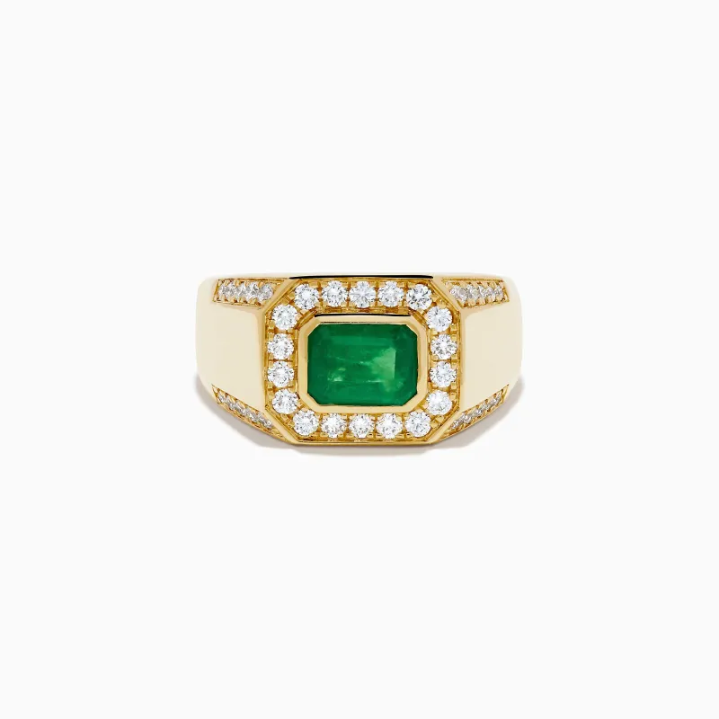Men's 14K Yellow Gold Emerald Signet Ring with Diamond Halo made by Effy