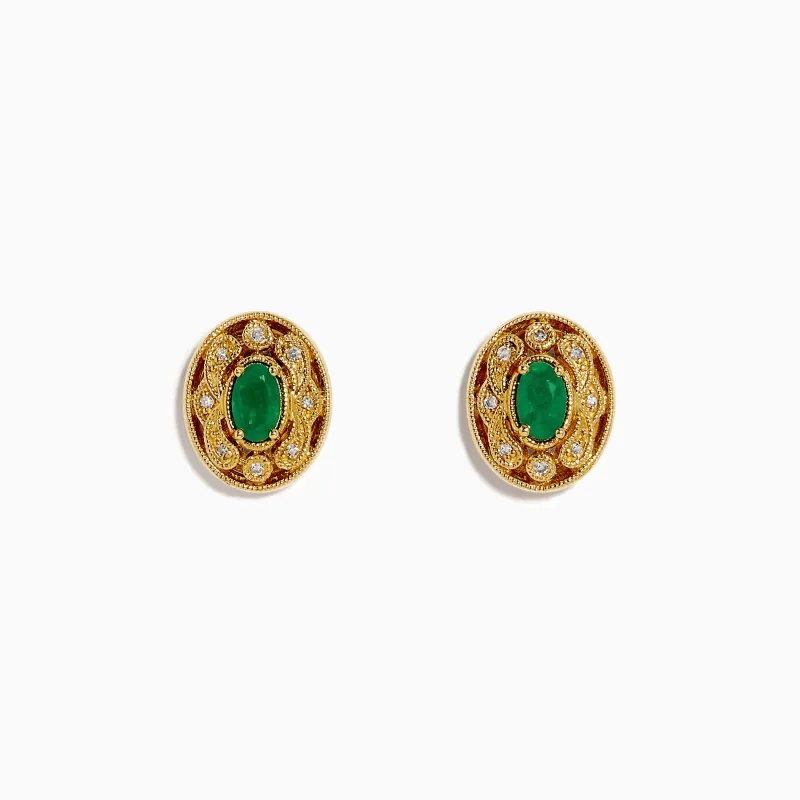 14K Yellow Gold Emerald and Diamond Filigree Halo Stud Earrings made by Effy