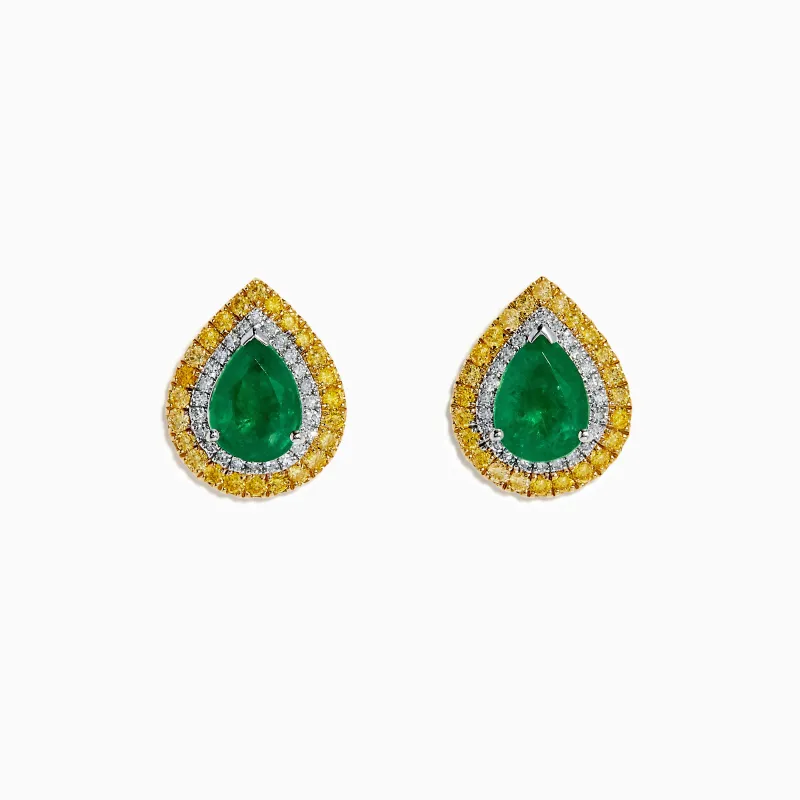 14K Two Tone Gold Emerald Double Halo Earrings with White and Yellow Diamonds made by Effy