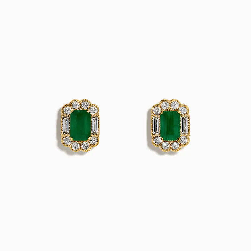 14K Yellow Gold Emerald and Diamond Halo Stud Earrings made by Effy