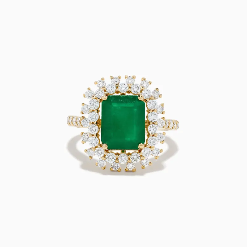 14K Yellow Gold Emerald and Diamond Halo Cocktail Ring made by Effy