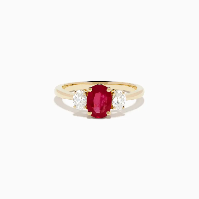 14K Yellow Gold Ruby and Diamond Three-Stone Ring made by Effy