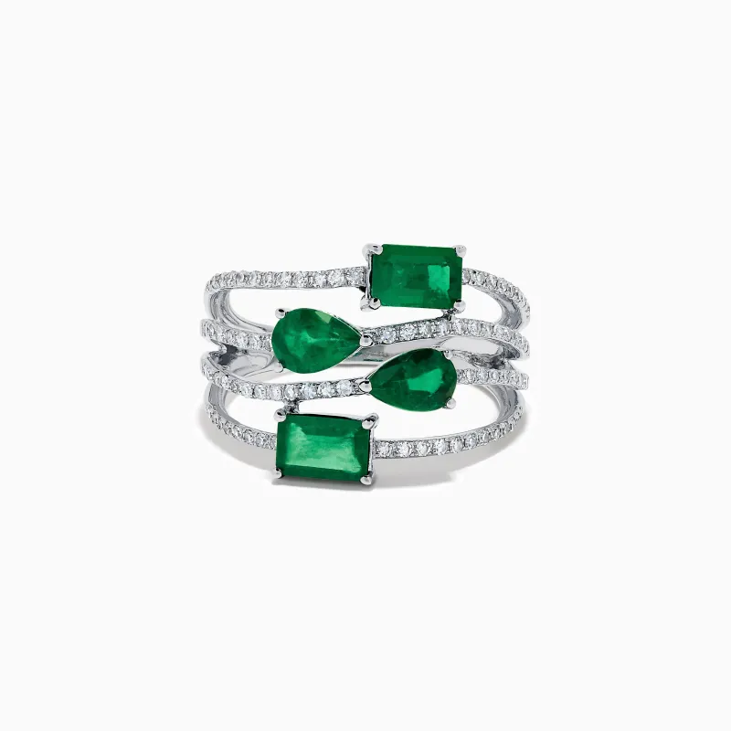 14K White Gold Emerald and Diamond Open Multi Row Ring made by Effy