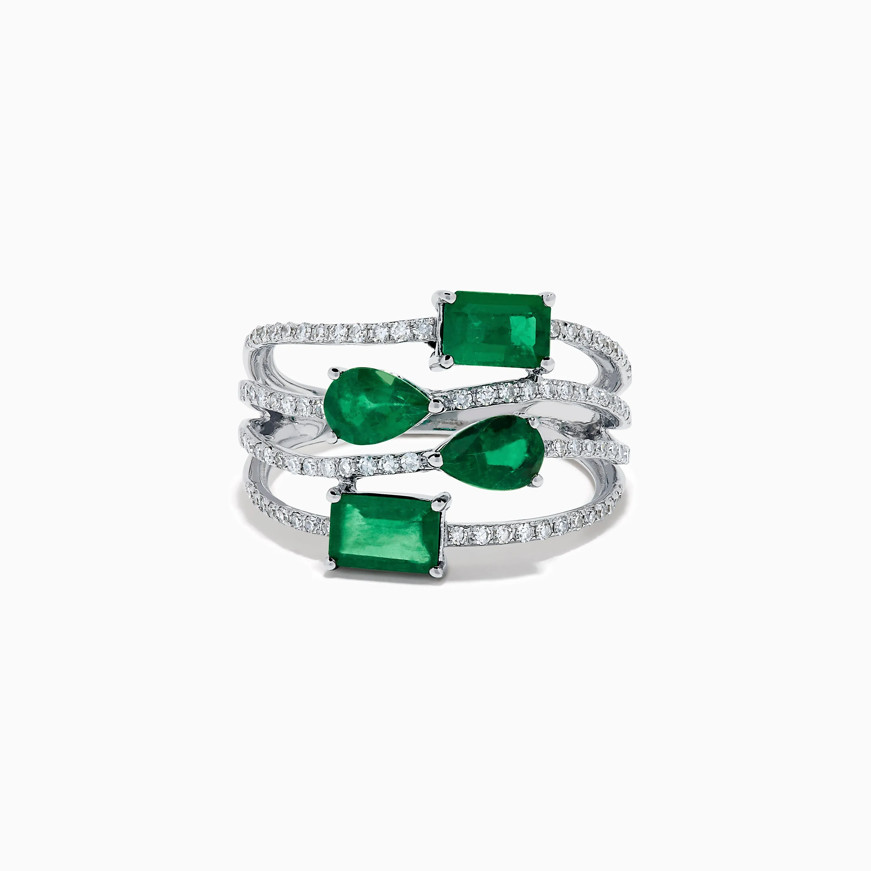 14K White Gold Emerald and Diamond Open Multi Row Ring sold by Effy