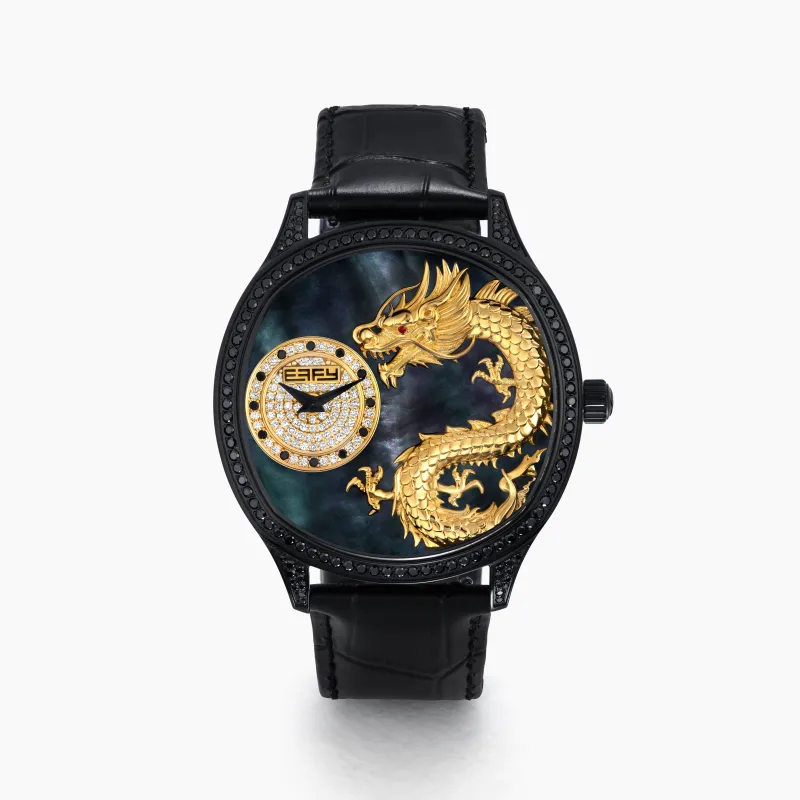 41MM Swiss Made Black PVD Stainless Steel with Black PVD Dragon Watch with Diamonds made by Effy