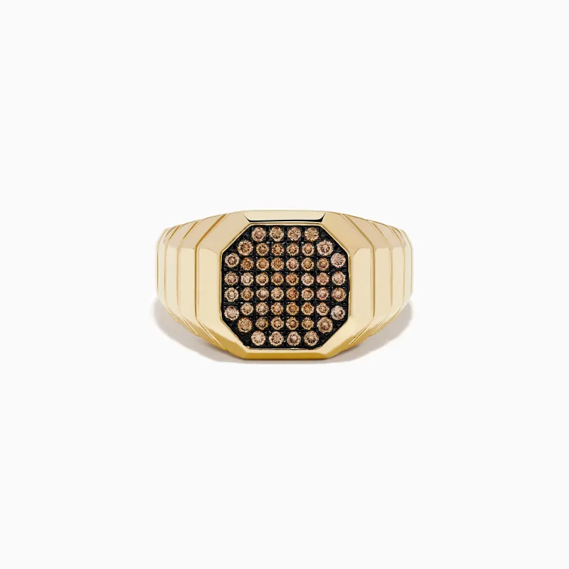 Men's 14K Yellow Gold Brown Diamond Octagon Signet Ring made by Effy
