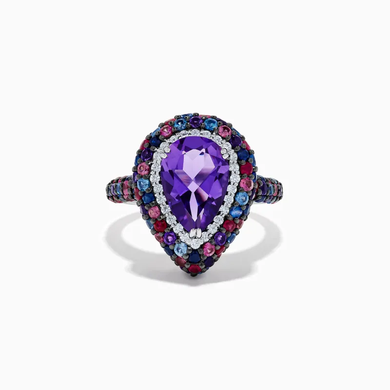 925 Sterling Silver Amethyst Pear Multi Gemstone Halo Ring made by Effy