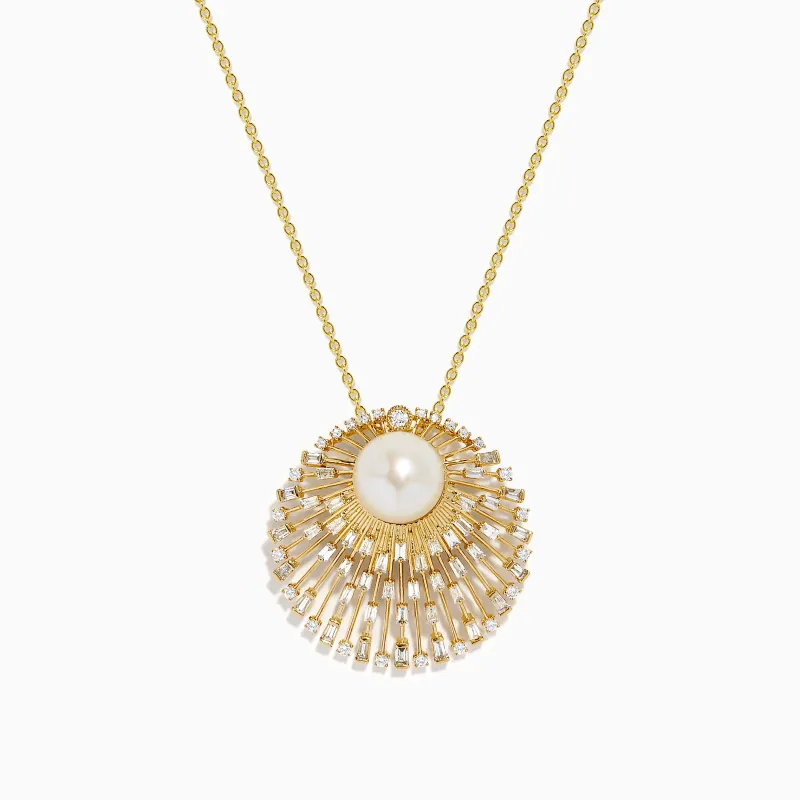 14K Yellow Gold Freshwater Pearl and Diamond Sunburst Pendant made by Effy