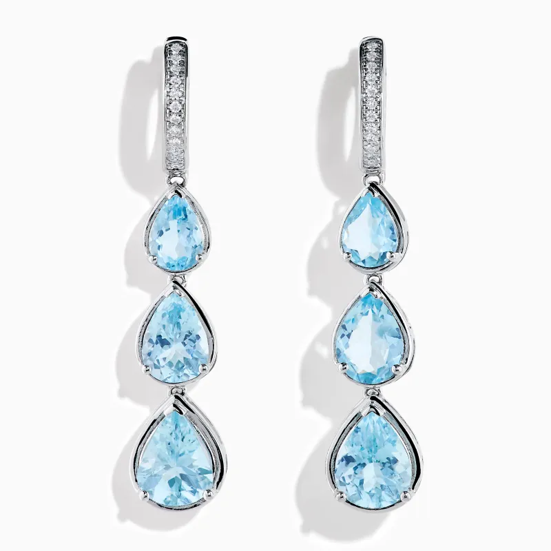 14K White Gold Aquamarine and Diamond Pear Shaped Linear Drop Earrings made by Effy