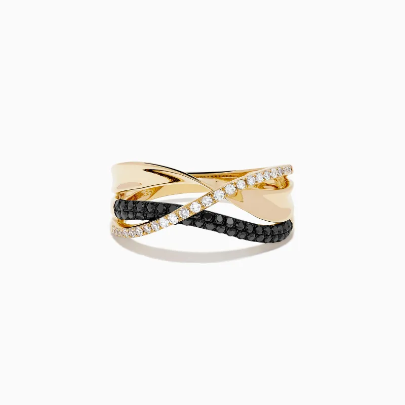 14K Yellow Gold Black and White Diamond Crossover Ring made by Effy