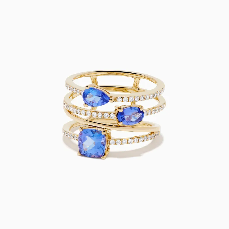 14K Yellow Gold Tanzanite and Diamond Multi-Row Statement Ring made by Effy