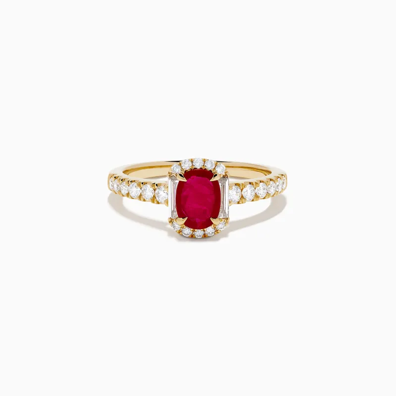 14K Yellow Gold Oval Ruby and Diamond Halo Ring made by Effy