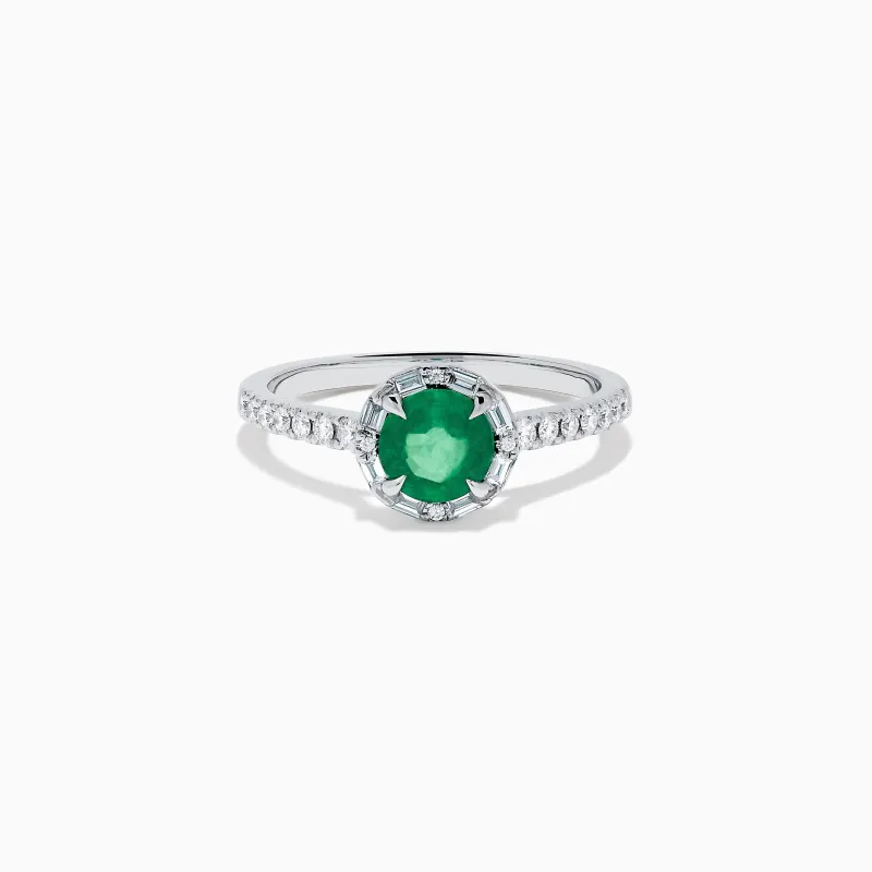 14K White Gold Emerald and Diamond Baguette Halo Ring made by Effy