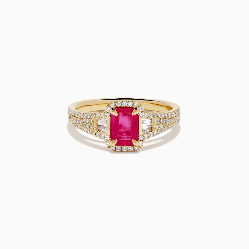 14K Yellow Gold Emerald Cut Ruby and Pave Diamond Halo Ring made by Effy