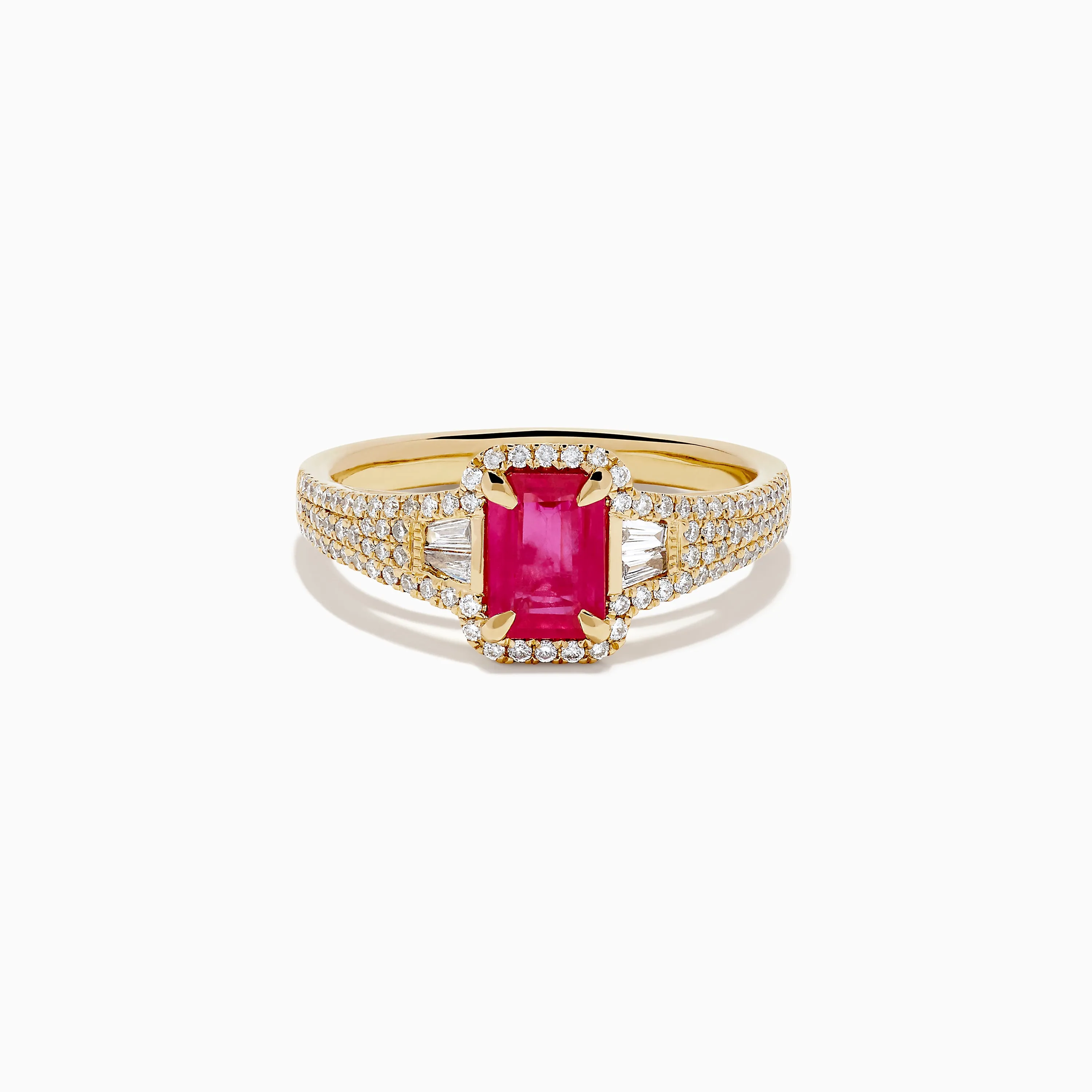14K Yellow Gold Emerald Cut Ruby and Pave Diamond Halo Ring sold by Effy
