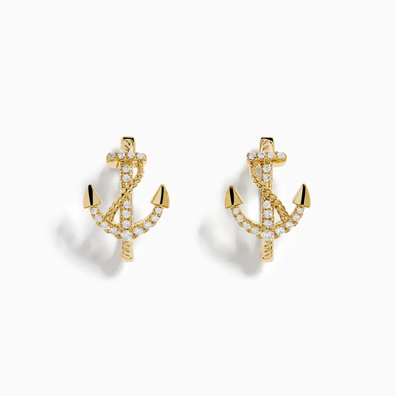 14K Yellow Gold Diamond Anchor Hoop Earrings made by Effy