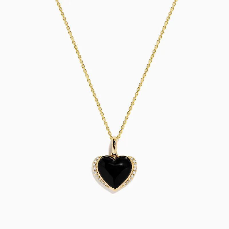 14K Yellow Gold Onyx and Diamond Heart Pendant made by Effy