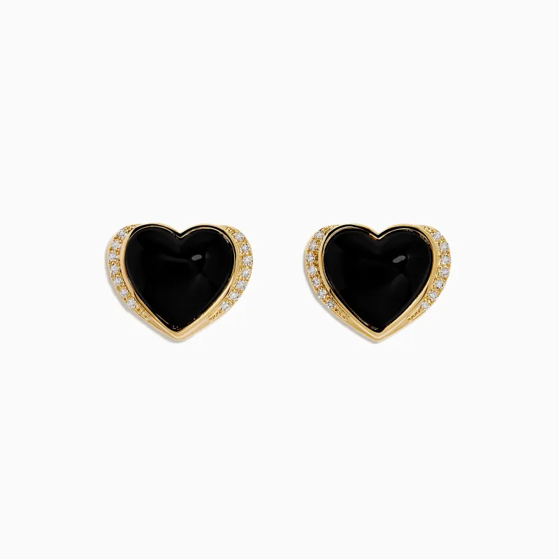 14K Yellow Gold Onyx and Diamond Heart Stud Earrings made by Effy