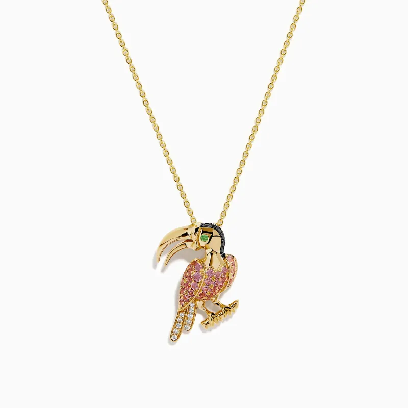 14K Yellow Gold Pink Sapphire and Diamond Pave Toucan Pendant made by Effy