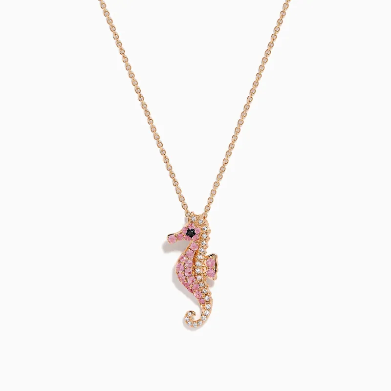 14K Rose Gold Pink Sapphire and Diamond Pave Seahorse Pendant made by Effy