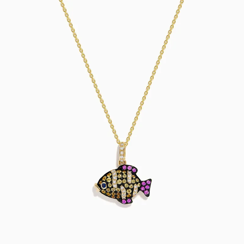 14K Yellow Gold Multi Sapphire and Diamond Tropical Fish Pendant made by Effy