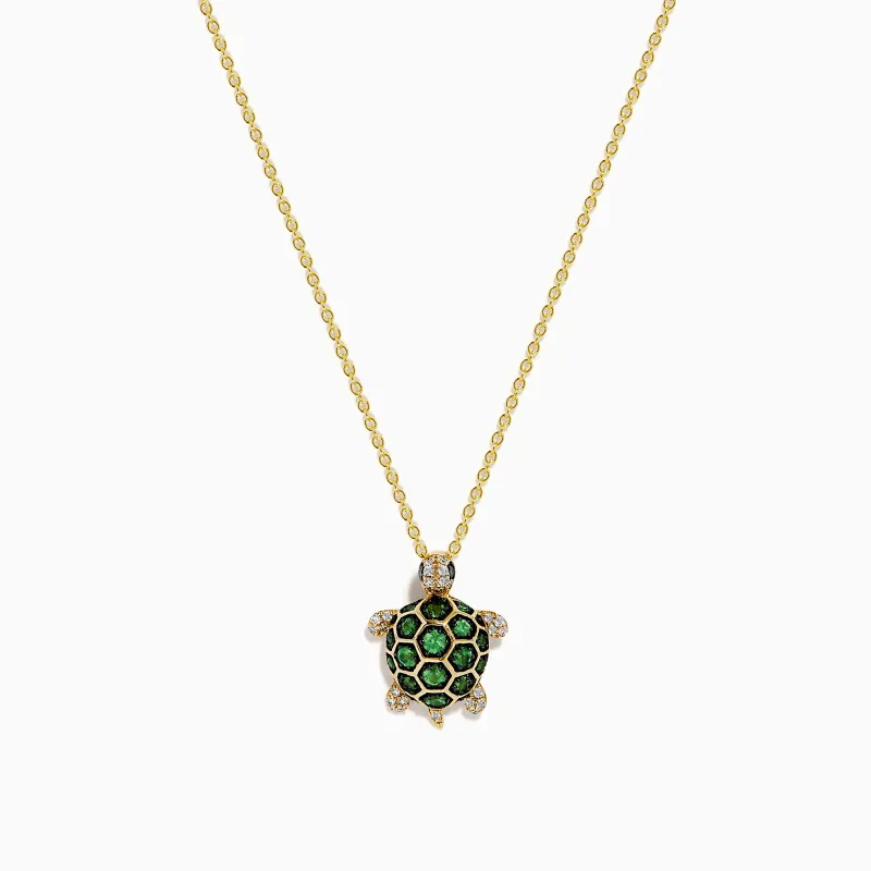 14K Yellow Gold Tsavorite and Diamond Turtle Pendant made by Effy