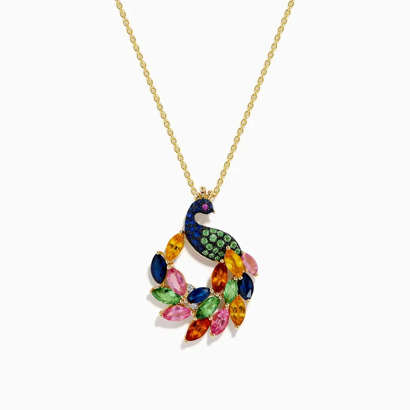 Watercolors 14K Yellow Gold Multi Sapphire and Diamond Peacock Pendant made by Effy