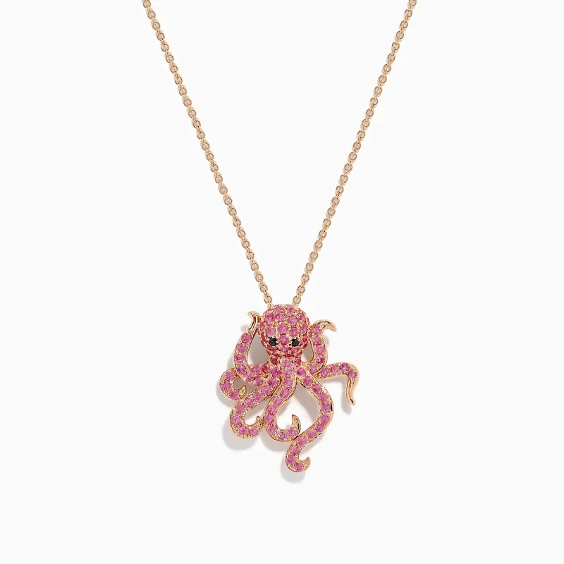 14K Rose Gold Pink Sapphire and Black Diamond Pavé Octopus Pendant made by Effy