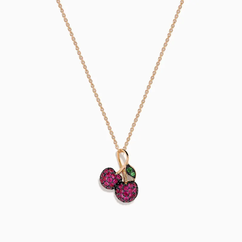 14K Rose Gold Ruby and Tsavorite Pavé Double Cherries Pendant made by Effy