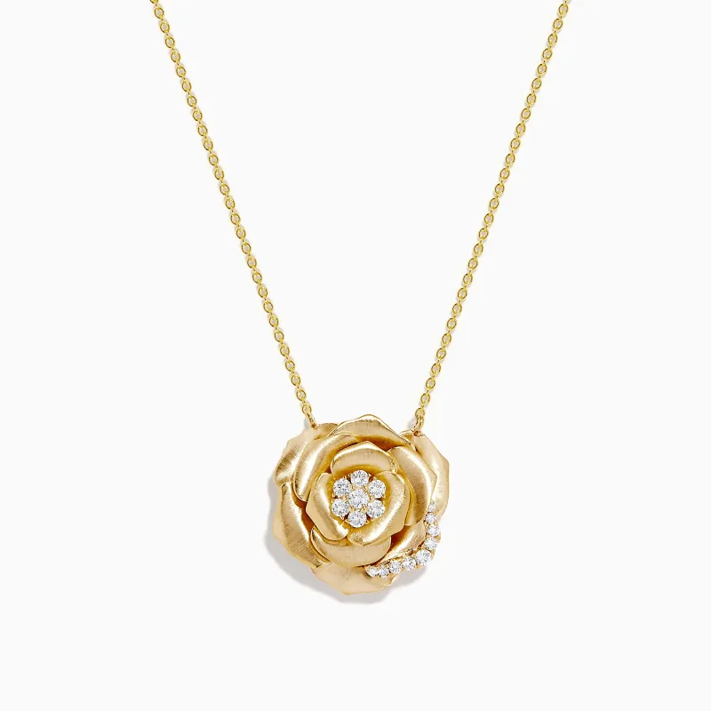 14K Yellow Gold Diamond Rose Flower Pendant made by Effy