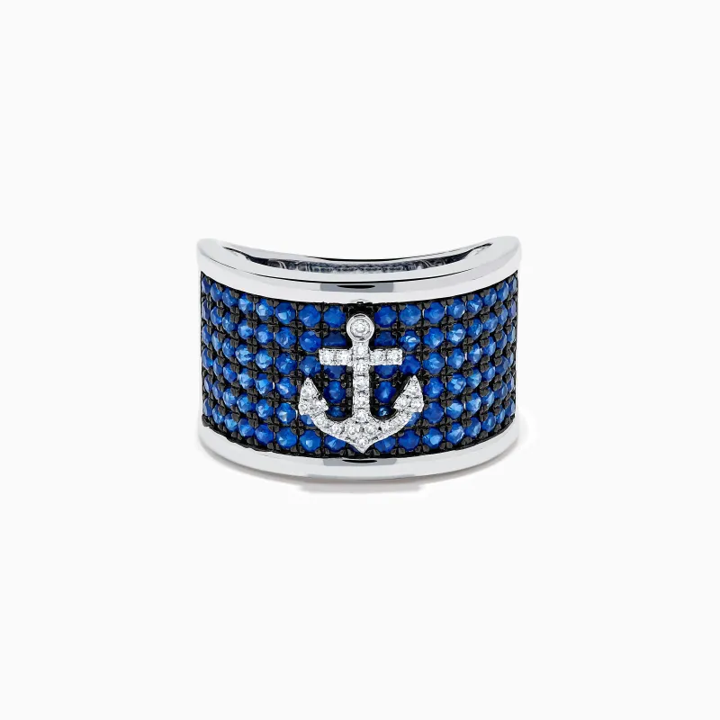 Sterling Silver Blue Sapphire and Diamond Anchor Ring made by Effy