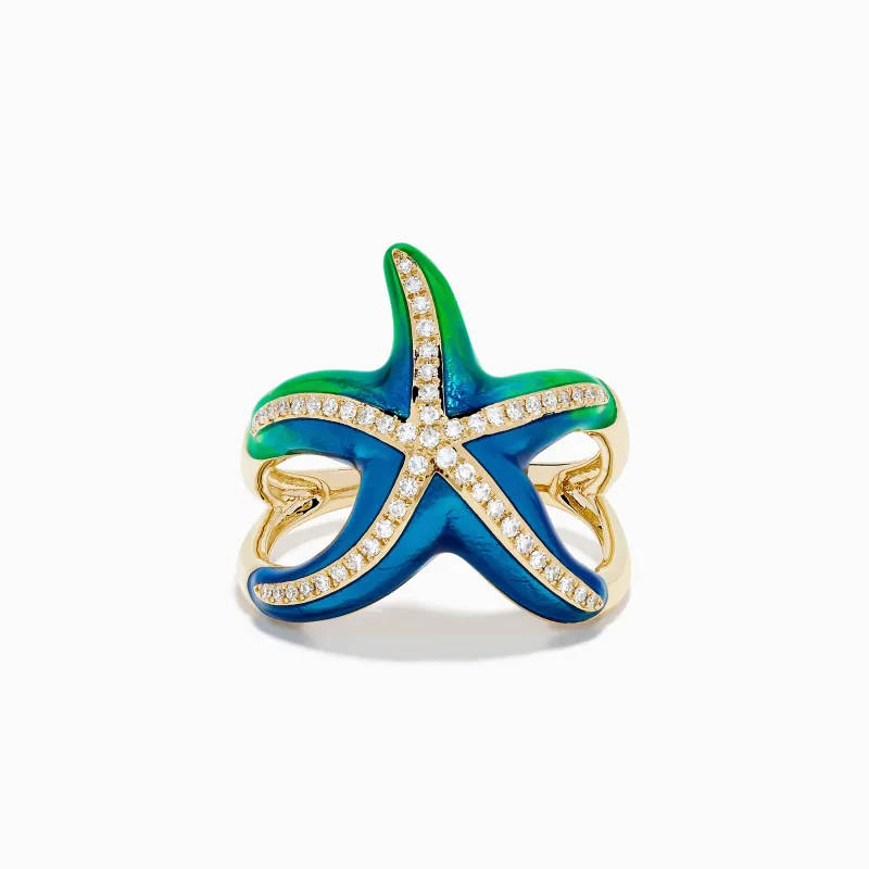14K Yellow Gold Diamond and Enamel Starfish Ring made by Effy