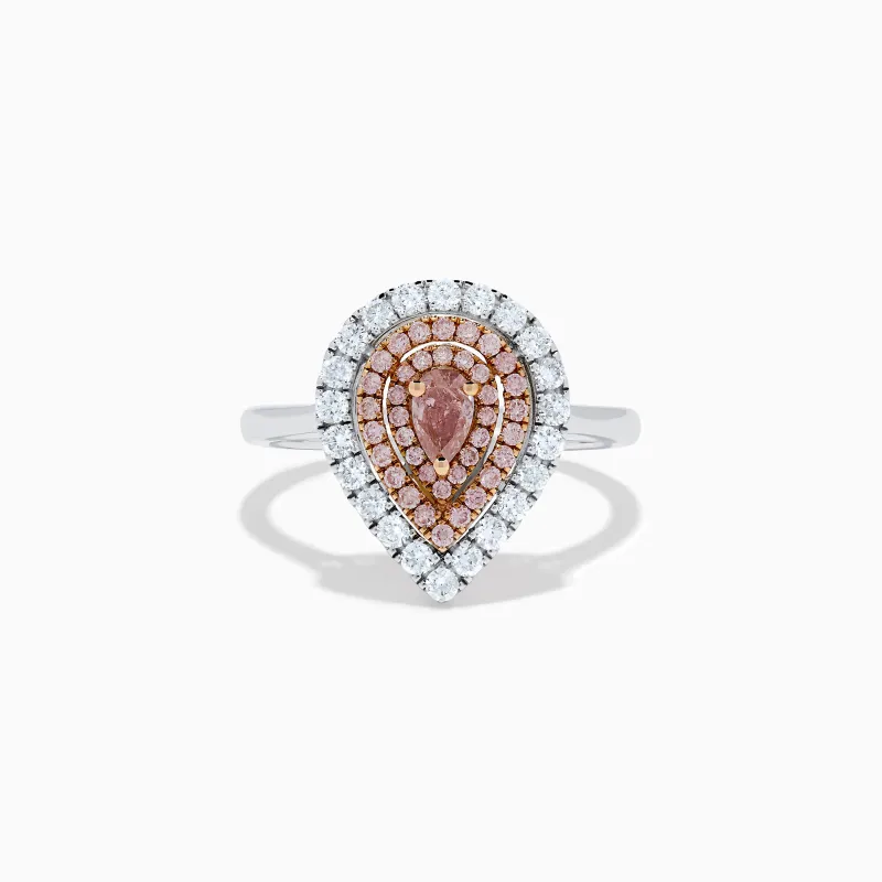18K Two Tone Pear Shape Pink and White Diamond Halo Ring made by Effy