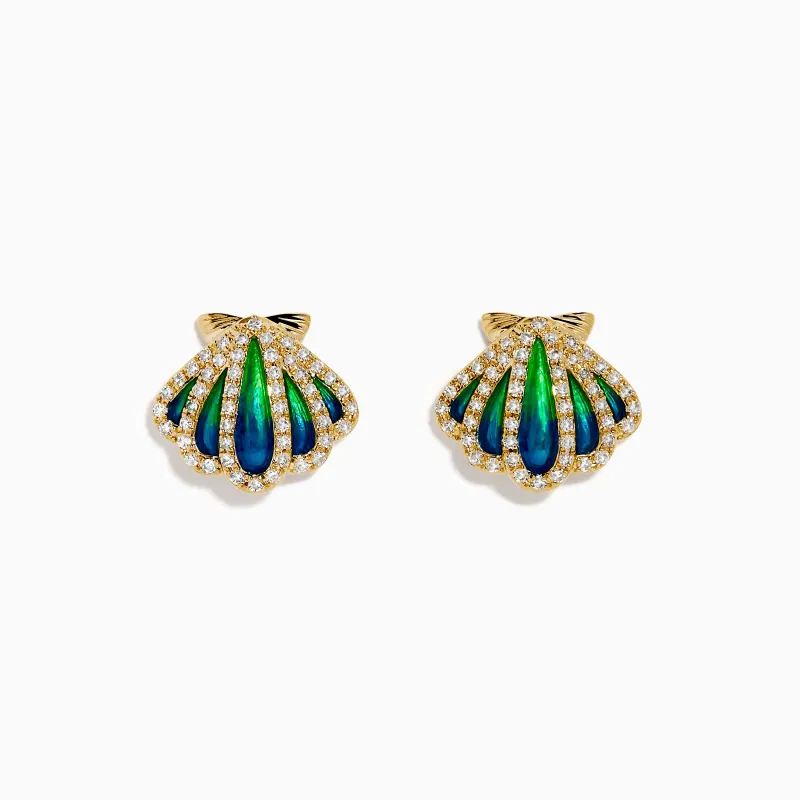 14K Yellow Gold Diamond and Enamel Scallop Shell Stud Earrings made by Effy