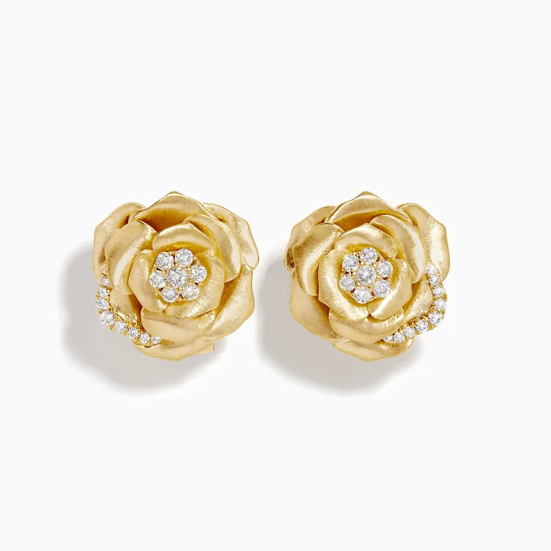 14K Yellow Gold Diamond Rose Flower Stud Earrings made by Effy