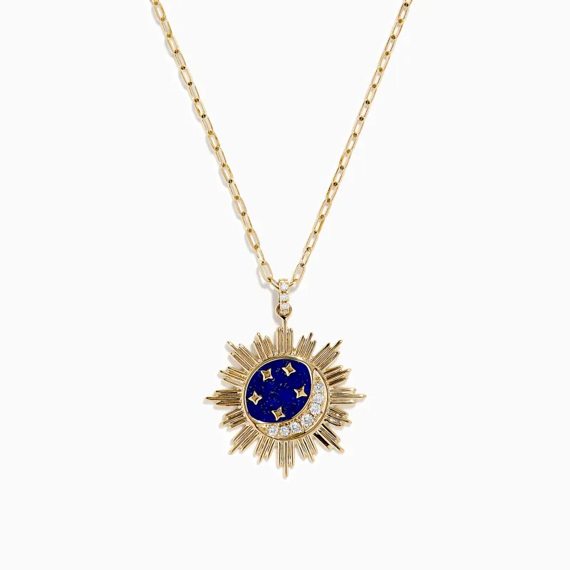 14K Yellow Gold Lapis and Diamond Celestial Sunburst Pendant made by Effy