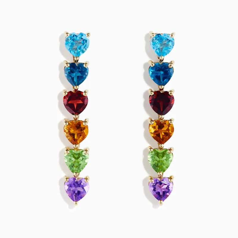 14K Yellow Gold Multi-Gemstone Heart Linear Drop Earrings made by Effy