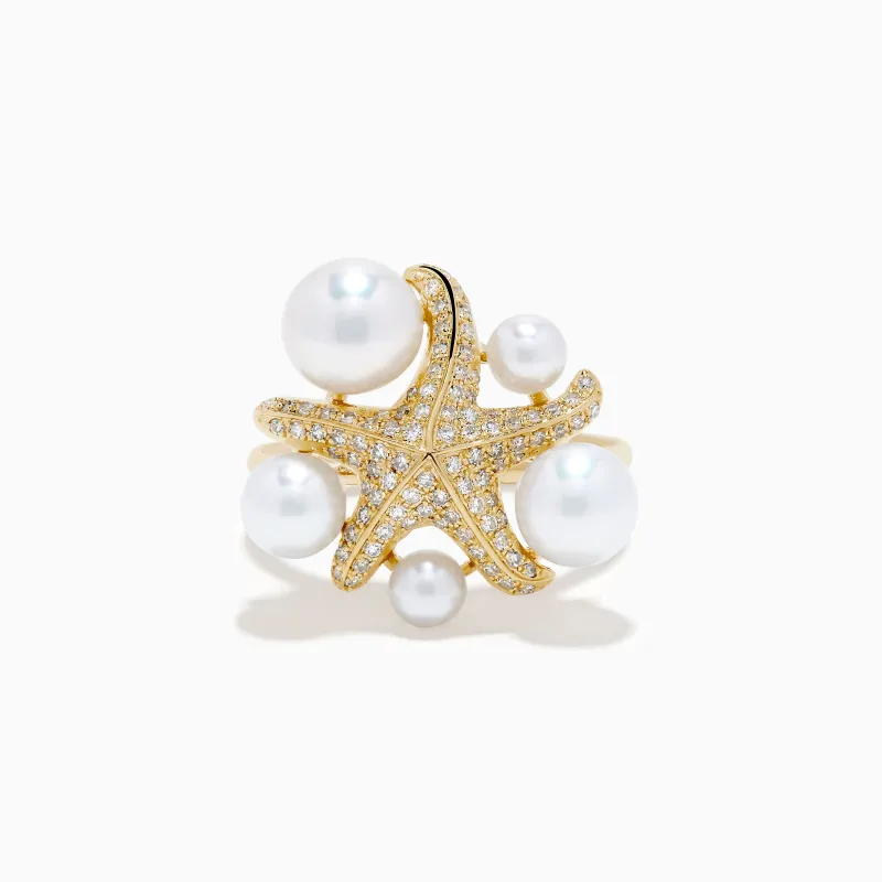 14K Yellow Gold Pearl and Diamond Starfish Ring made by Effy