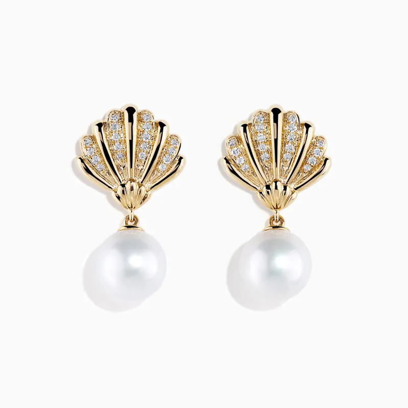 14K Yellow Gold Freshwater Pearl and Diamond Shell Drop Earrings made by Effy
