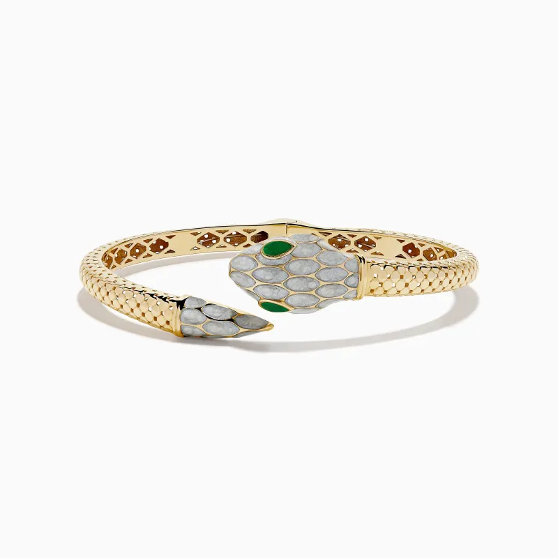 14K Yellow Gold White and Green Enamel Snake Bypass Bangle made by Effy