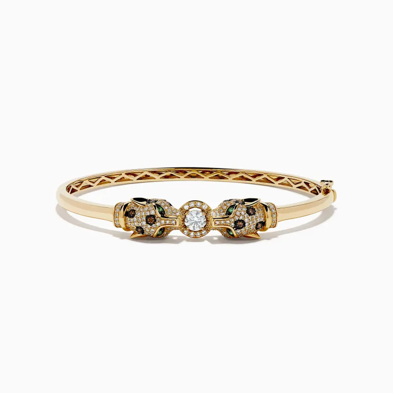 Signature 14K Gold Emerald, White and Espresso Diamond Double Panther Head Bangle made by Effy
