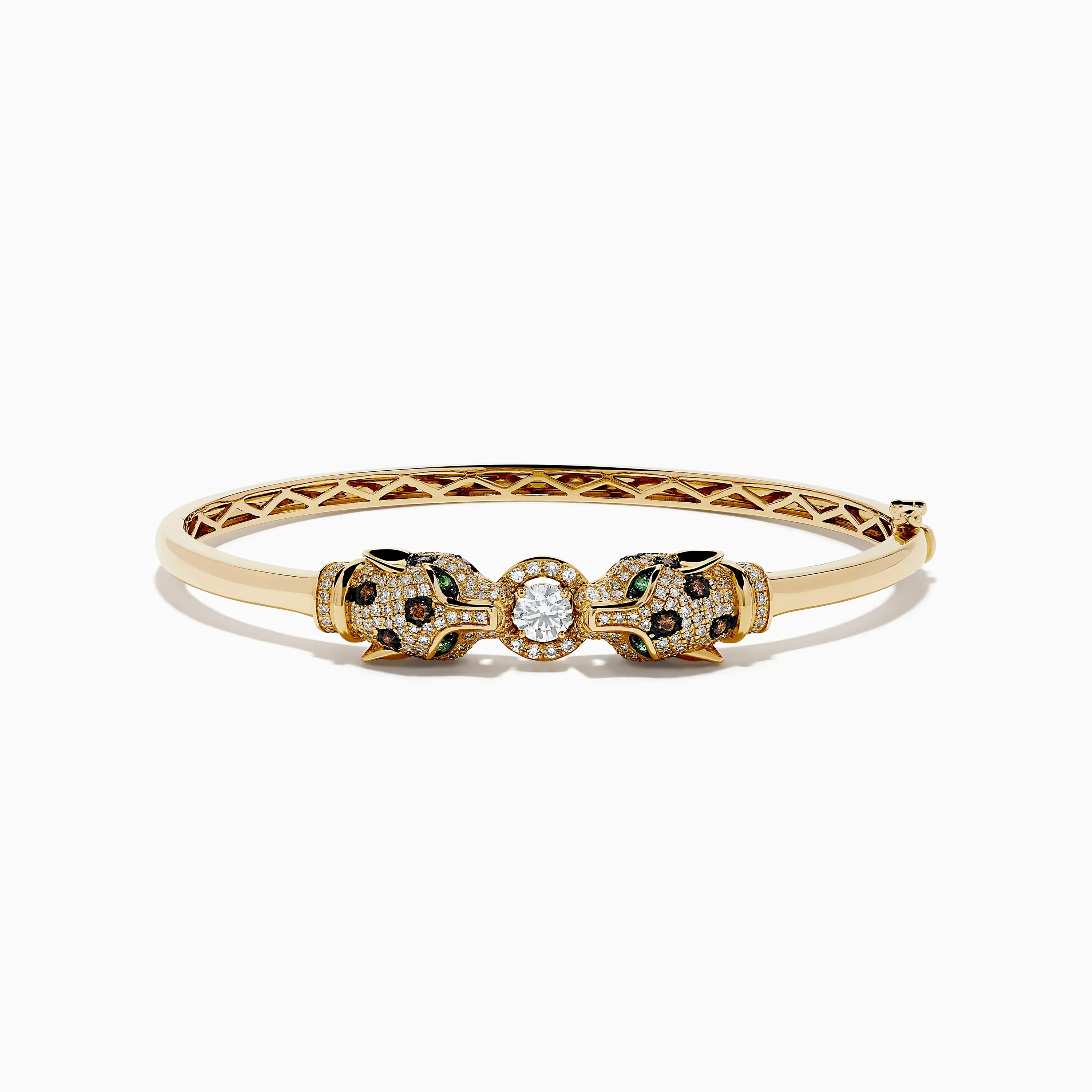 Signature 14K Gold Emerald, White and Espresso Diamond Double Panther Head Bangle sold by Effy
