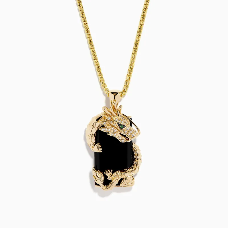 Men's 14K Yellow Gold Onyx and Diamond Dragon Dog Tag Pendant made by Effy