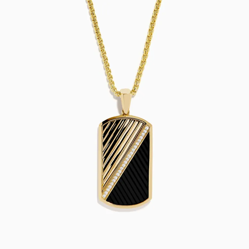 Men's 14K Yellow Gold Onyx and Diamond Dog Tag Pendant made by Effy