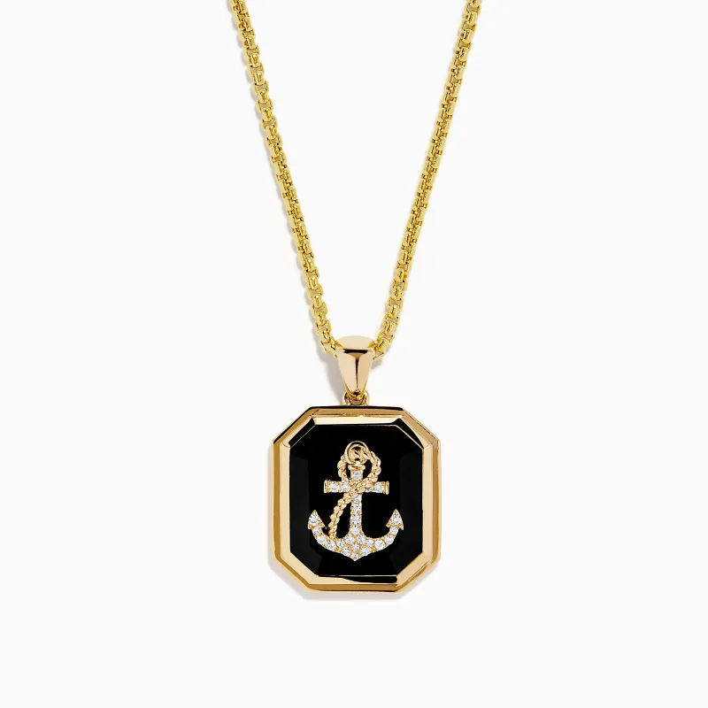 Men's 14K Yellow Gold Onyx and Diamond Anchor Pendant made by Effy