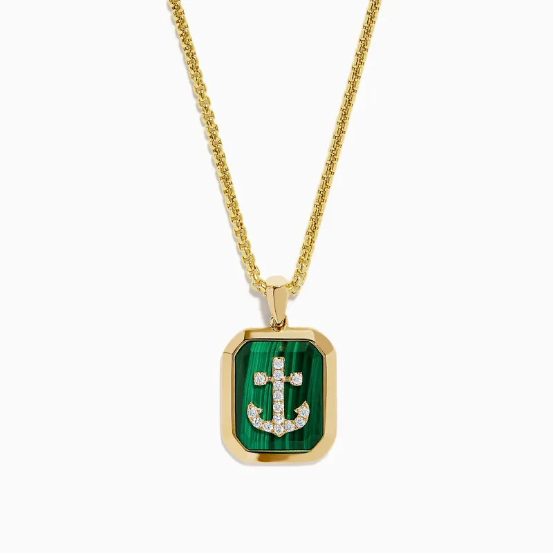 Men's 14K Yellow Gold Malachite and Diamond Anchor Dog Tag Pendant made by Effy